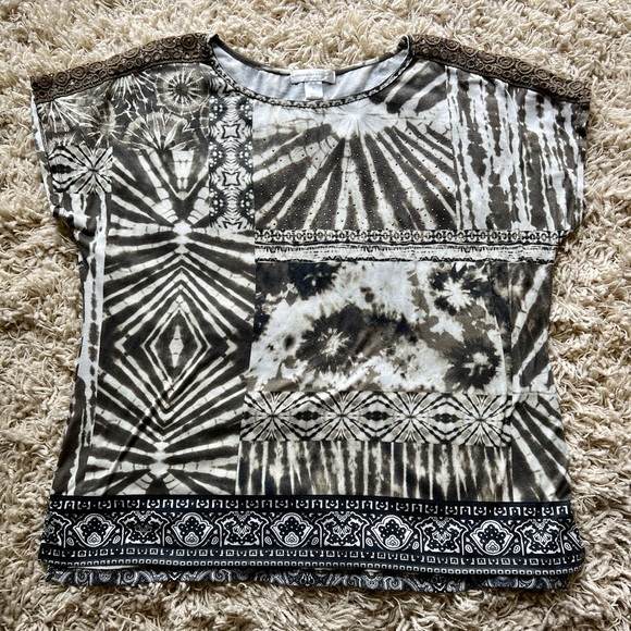 Christopher & Banks Tops - Christopher & Banks African Tie Dye with Animal Print Lace Sleeved Blouse